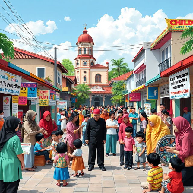 A vibrant scene depicting a child protection-focused community in Yogyakarta, Indonesia