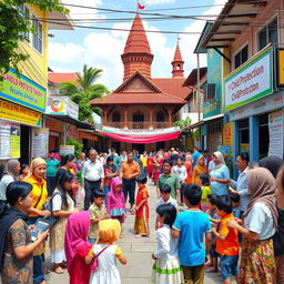 A vibrant scene depicting a child protection-focused community in Yogyakarta, Indonesia