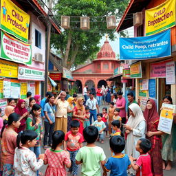 A vibrant scene depicting a child protection-focused community in Yogyakarta, Indonesia