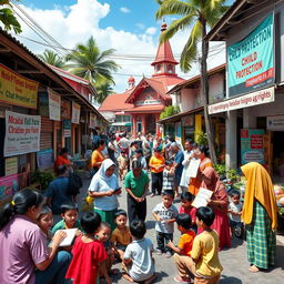 A vibrant scene depicting a child protection-focused community in Yogyakarta, Indonesia