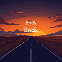 A lonely cartoonish road stretching into the horizon under a stylized sunset sky, featuring exaggerated shadows that create a whimsical atmosphere