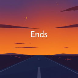 A lonely cartoonish road stretching into the horizon under a stylized sunset sky, featuring exaggerated shadows that create a whimsical atmosphere