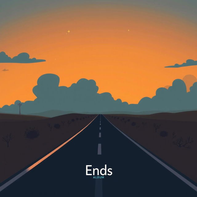 A lonely cartoonish road stretching into the horizon under a stylized sunset sky, featuring exaggerated shadows that create a whimsical atmosphere