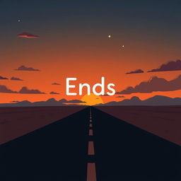 A lonely cartoonish road stretching into the horizon under a stylized sunset sky, featuring exaggerated shadows that create a whimsical atmosphere