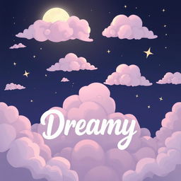 A cartoonish night sky filled with exaggerated, fluffy clouds in pastel tones, softly glowing moon casting a gentle light