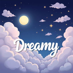 A cartoonish night sky filled with exaggerated, fluffy clouds in pastel tones, softly glowing moon casting a gentle light
