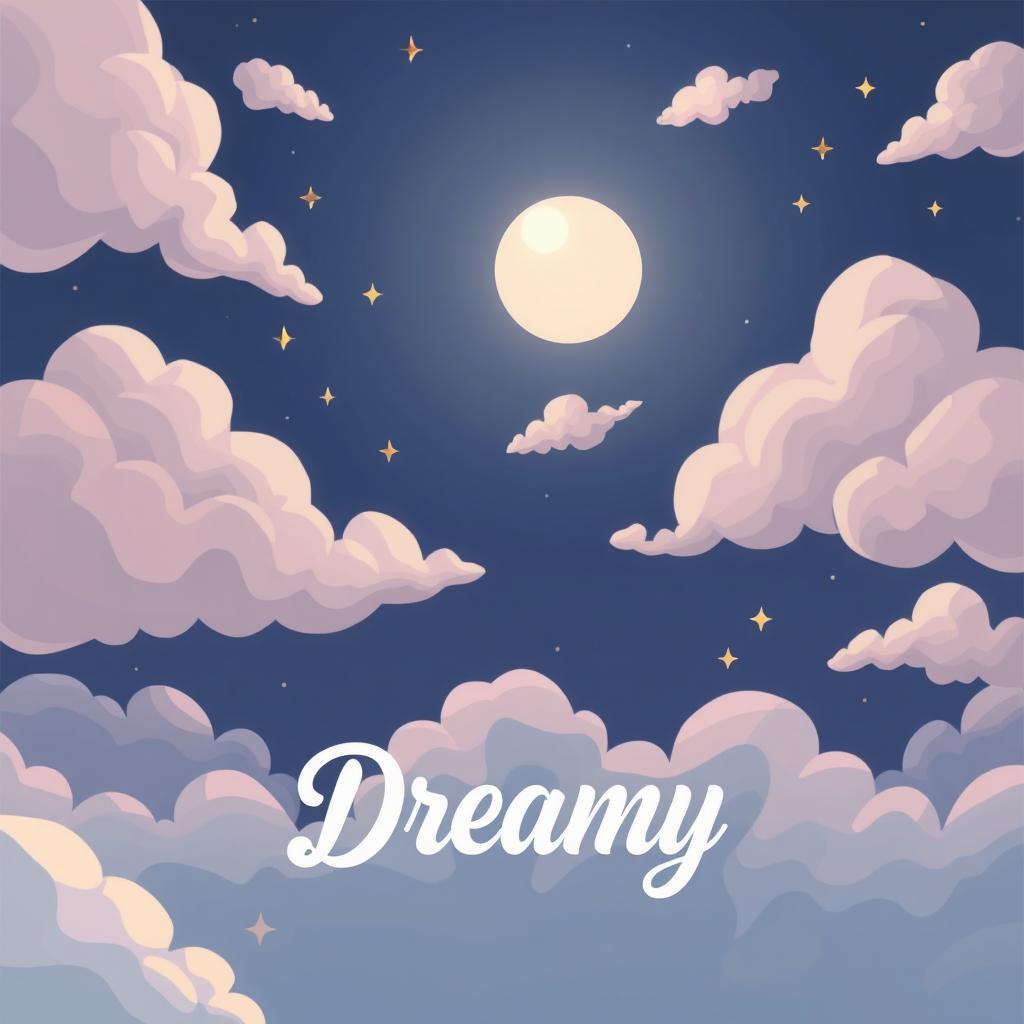 A cartoonish night sky filled with exaggerated, fluffy clouds in pastel tones, softly glowing moon casting a gentle light