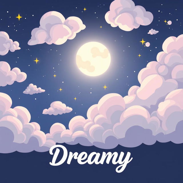 A cartoonish night sky filled with exaggerated, fluffy clouds in pastel tones, softly glowing moon casting a gentle light