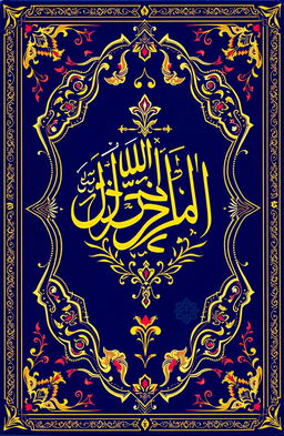 An intricate, beautifully illustrated cover of the Holy Quran, featuring ornate Islamic calligraphy and geometric patterns in vibrant colors