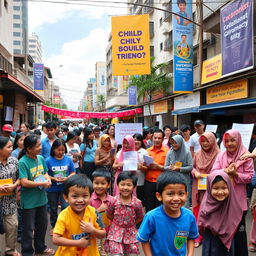 A dynamic Indonesian city scene centered on community guidance for child protection