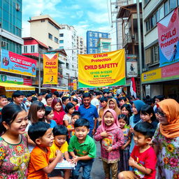 A dynamic Indonesian city scene centered on community guidance for child protection