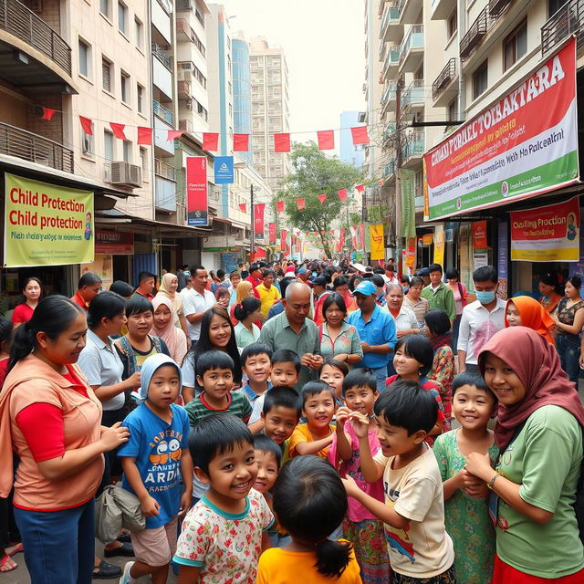 A dynamic Indonesian city scene centered on community guidance for child protection