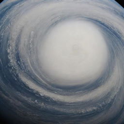 Visualize Earth as a gas giant: a blue and white swirling mass of clouds resembling our own weather systems, with intense storms instead of landmasses and oceans