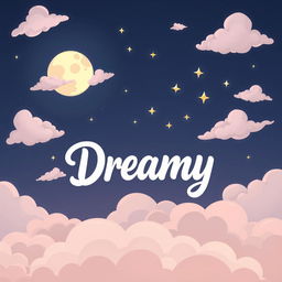 A cartoonish night sky filled with exaggerated, fluffy clouds in pastel tones, featuring a softly glowing moon that casts a gentle light