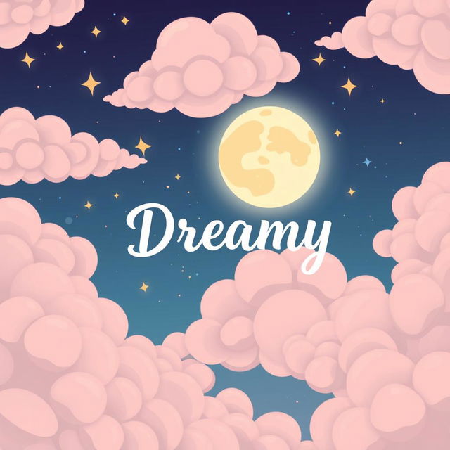 A cartoonish night sky filled with exaggerated, fluffy clouds in pastel tones, featuring a softly glowing moon that casts a gentle light