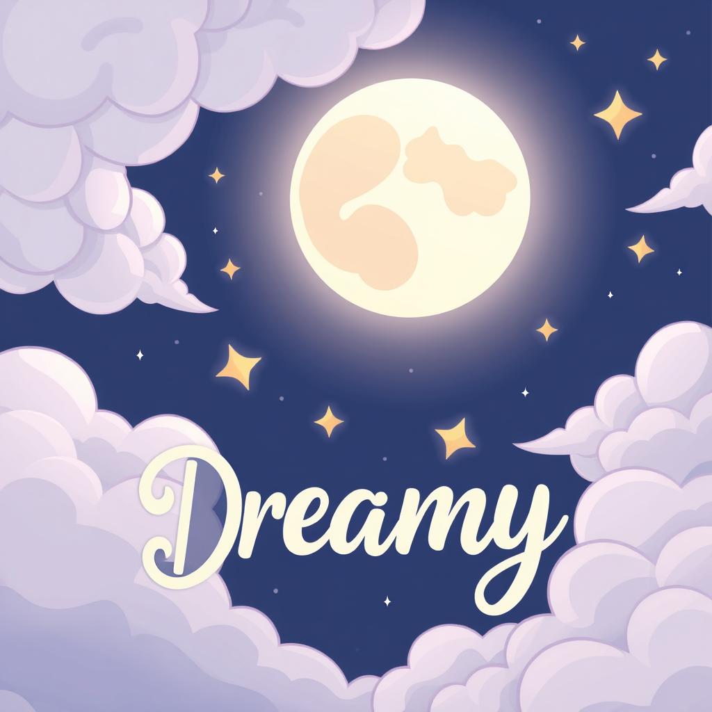 A cartoonish night sky filled with exaggerated, fluffy clouds in pastel tones, featuring a softly glowing moon that casts a gentle light