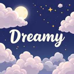 A cartoonish night sky filled with exaggerated, fluffy clouds in pastel tones, featuring a softly glowing moon that casts a gentle light