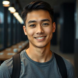 A handsome young man of Central Asian descent, featuring a strong jawline and an oval face