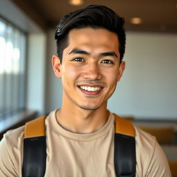 A handsome young man of Central Asian descent, featuring a strong jawline and an oval face