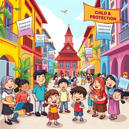 A colorful cartoon illustration of an Indonesian city scene focused on child protection and community guidance