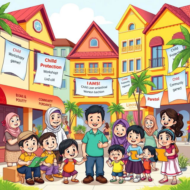 A colorful cartoon illustration of an Indonesian city scene focused on child protection and community guidance