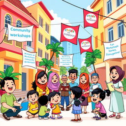 A colorful cartoon illustration of an Indonesian city scene focused on child protection and community guidance