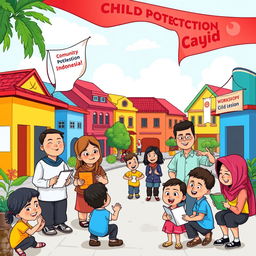 A colorful cartoon illustration of an Indonesian city scene focused on child protection and community guidance