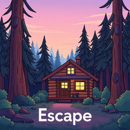 A cartoonish cabin in the woods depicted with bright, vibrant colors, surrounded by tall, stylized trees under a soft, glowing twilight sky