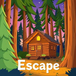 A cartoonish cabin in the woods depicted with bright, vibrant colors, surrounded by tall, stylized trees under a soft, glowing twilight sky