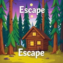 A cartoonish cabin in the woods depicted with bright, vibrant colors, surrounded by tall, stylized trees under a soft, glowing twilight sky