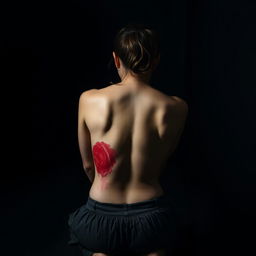 A woman kneeling, her back turned towards the viewer, displaying a red mark on her skin that suggests a recent beating