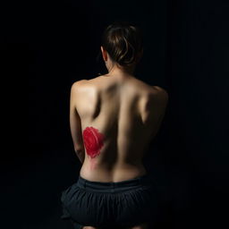 A woman kneeling, her back turned towards the viewer, displaying a red mark on her skin that suggests a recent beating