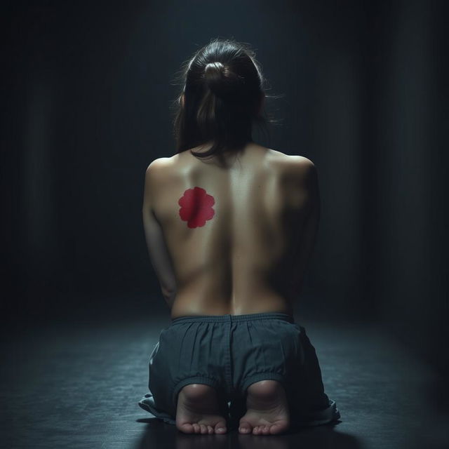 A woman kneeling, her back turned towards the viewer, displaying a red mark on her skin that suggests a recent beating