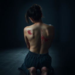 A woman kneeling, her back turned towards the viewer, displaying a red mark on her skin that suggests a recent beating