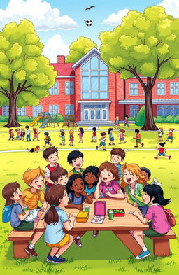 A vibrant, colorful illustration of a lively school scene during lunchtime