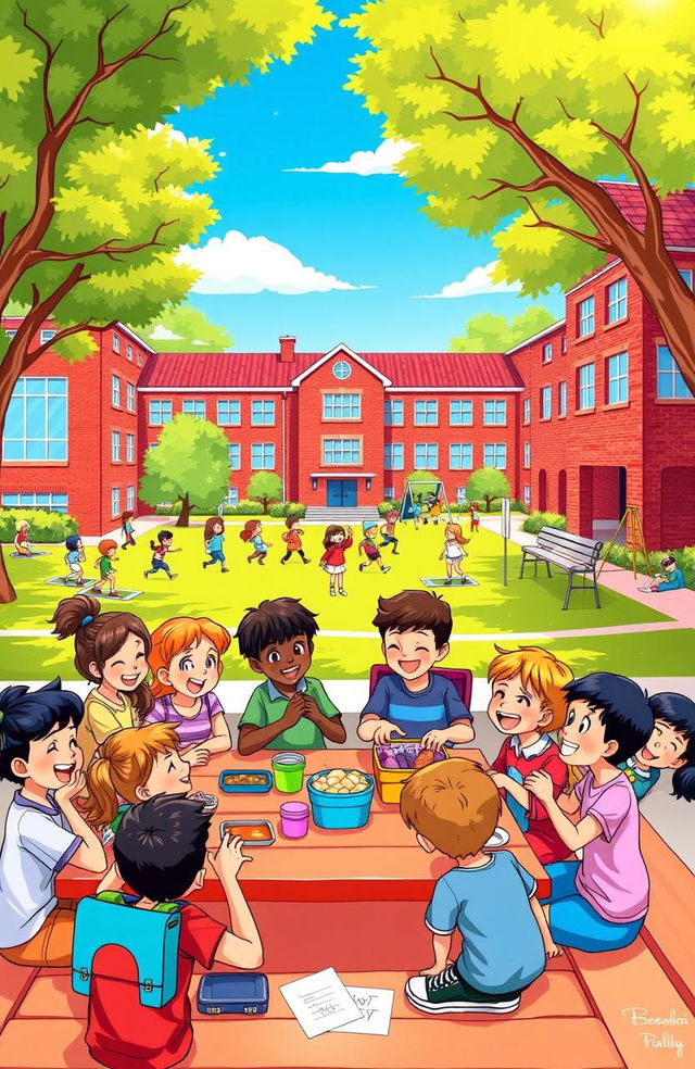 A vibrant, colorful illustration of a lively school scene during lunchtime