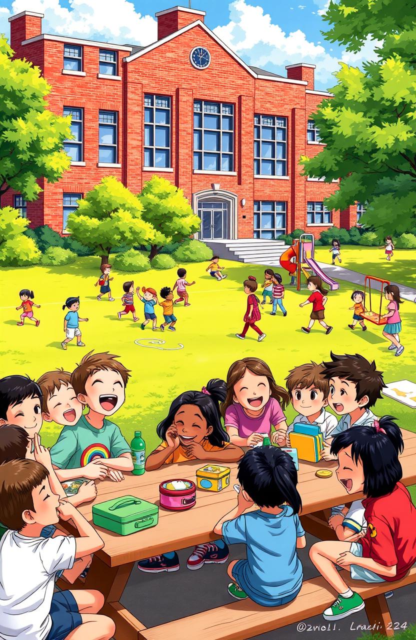 A vibrant, colorful illustration of a lively school scene during lunchtime