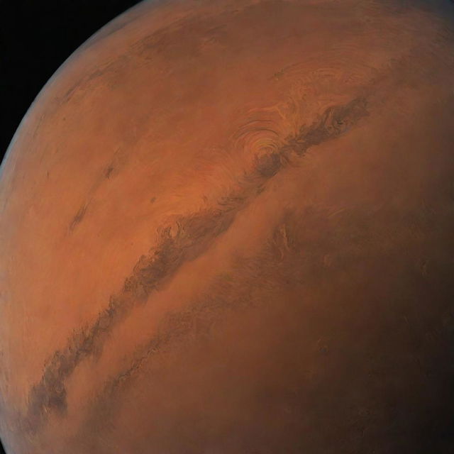 Imagine Mars as a gas giant: maintaining its signature red-orange hue, but now as swirling, stormy cloud bands, interspersed with colossal, high-speed wind systems