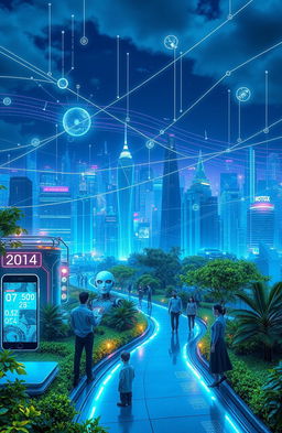 A futuristic digital technology landscape showcasing an interconnected web of devices