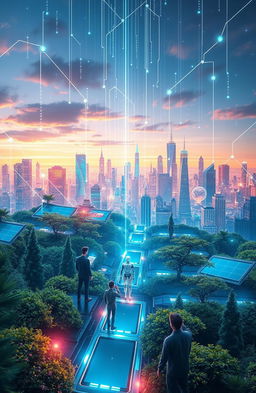 A futuristic digital technology landscape showcasing an interconnected web of devices