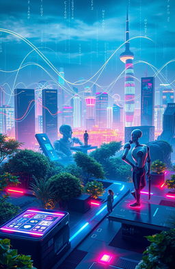 A futuristic digital technology landscape showcasing an interconnected web of devices