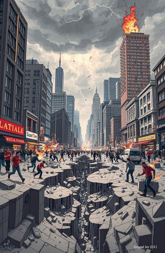 A dramatic and visually striking illustration of an earthquake scenario, depicting a bustling city landscape shaking and buildings swaying