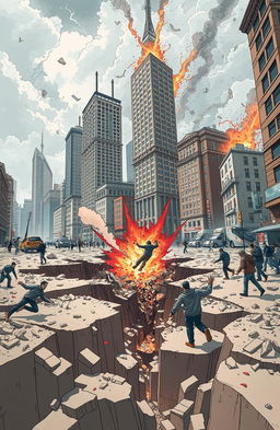 A dramatic and visually striking illustration of an earthquake scenario, depicting a bustling city landscape shaking and buildings swaying