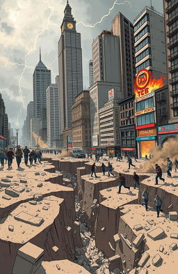 A dramatic and visually striking illustration of an earthquake scenario, depicting a bustling city landscape shaking and buildings swaying