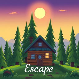 A cartoonish cabin in the woods depicted with bright, vibrant colors, surrounded by tall, stylized trees beneath a soft, glowing twilight sky