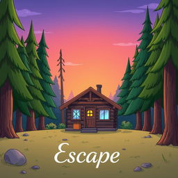 A cartoonish cabin in the woods depicted with bright, vibrant colors, surrounded by tall, stylized trees beneath a soft, glowing twilight sky