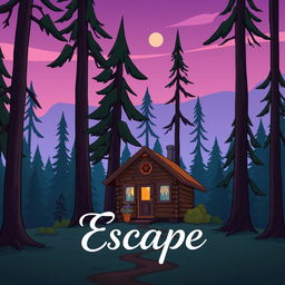 A cartoonish cabin in the woods depicted with bright, vibrant colors, surrounded by tall, stylized trees beneath a soft, glowing twilight sky