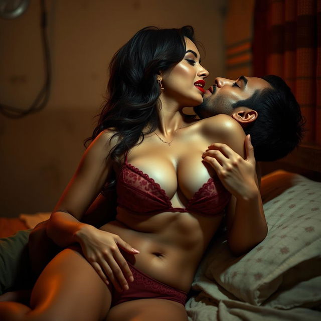 Sensual scene featuring a woman inspired by Nushrat Bharucha, clad in sexy lingerie and bold red lipstick