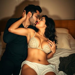 Sensual scene featuring a woman inspired by Nushrat Bharucha, clad in sexy lingerie and bold red lipstick