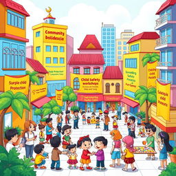 A colorful cartoon illustration of an Indonesian city scene focused on community guidance for child protection, featuring vibrant buildings inspired by traditional Indonesian architecture
